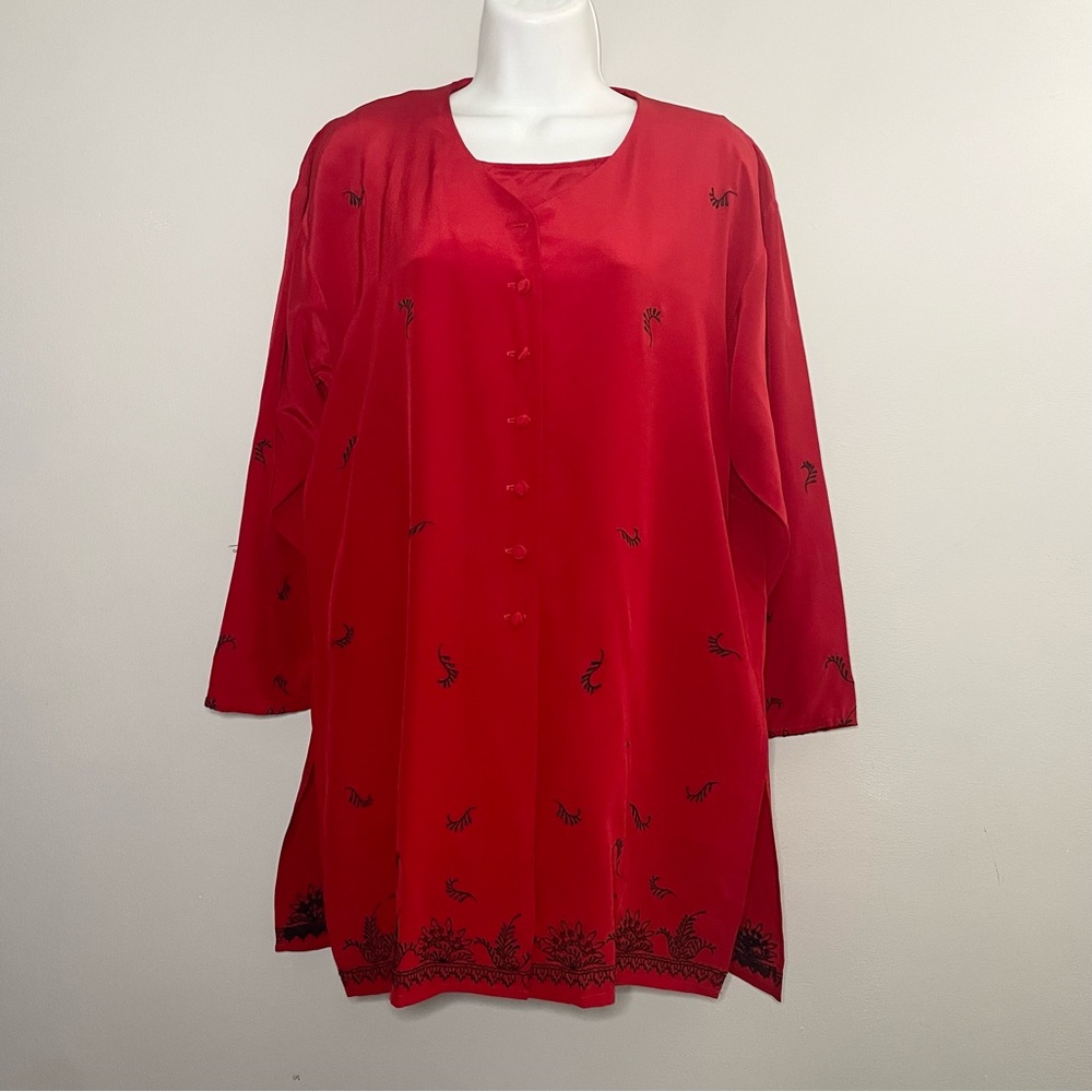 DVF Diane Von Furstenberg 100% Silk Embroidered 2 Piece Button Up Tunic Tank Set